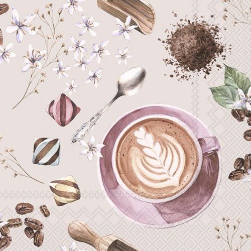 Dekorszalvéta,  barna, lila kávés 25x25cm- Coffee linen