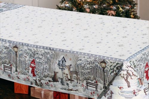 Karácsonyi asztalterítő 137x240cm gobelin, ezüst lurex-Téli erdő