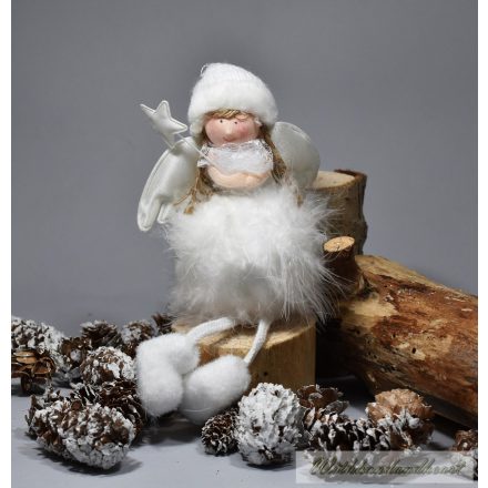 Fehér Függeszthető  Tollas Angyalka 11cm, Karácsonyi dekoráció
