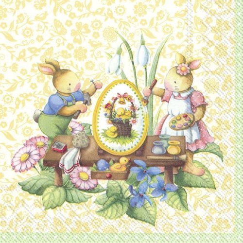 Húsvéti dekor szalvéta, sárga, nyuszik festenek 33x33cm 20db-os-Easter spring fantasy 