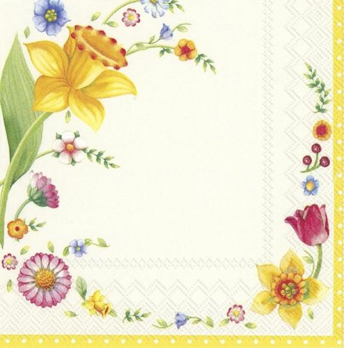 Dekorszalvéta, krém színű, sárga szegéllyel, tulipán, tavaszi virágok  33x33cm -Spring fantasy Flowers