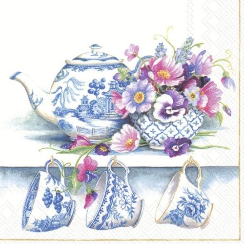 Dekorszalvéta, fehér, kék kinai porceláncsésze mintás, tavaszi csokorral 33x33cm-Fine Bone China