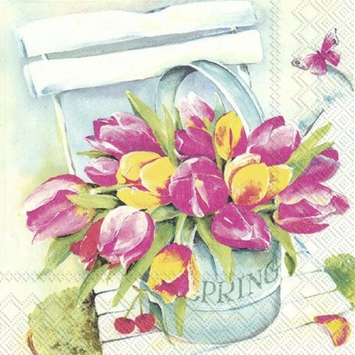 Dekorszalvéta, rózsaszín, tulipáncsokor kannában,  33x33cm -Spring tulips