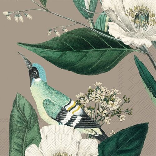 Dekorszalvéta, natur, fehér virágok, zöld madárral 33x33cm-Meryl linen