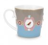 Csésze, porcelan 150ml, kék, khaki, arany, madár mintás-Pip Strudio-Love Birds Medallion Blue-Khaki 