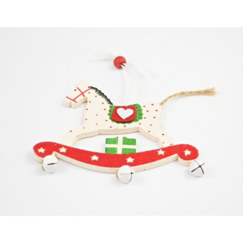 Karácsonyi dekoráció, akasztható hintaló, fehér, piros, 9x11cm