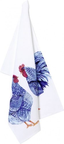 Konyharuha, fehér, kék kakasos, 50x70cm, 100% pamut-Blue plumage