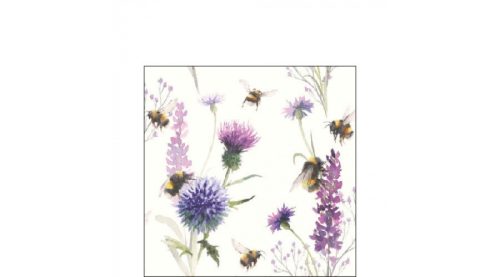 Dekorszalvéta, fehér, lila, poszméhek a réten 25x25cm,20db-os - Bumblebees in the Meadow 