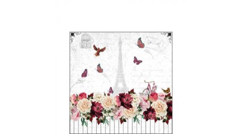 Papírszalvéta, fehér, rózsa mintás Eiffel torony 25x25cm,20db-os - Romantic Paris 