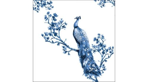 Dekorszalvéta 33x33cm, 20 db-os fehér, kék páva-Royal Peacock