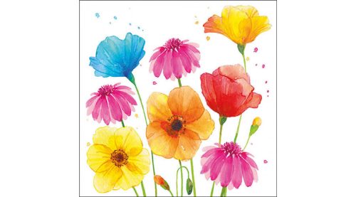 Papírszalvéta 33x33cm,20db-os, fehér, színes akvarell virágok-Colorfoul Summer Flowers 