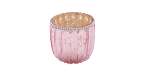  Antik rózsaszín mécsestartó gyöngyös szegéllyel, 7x7cm - Gyertyák és gyertyatartók