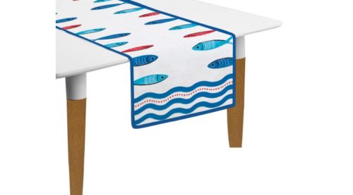 Asztali futó 45x140cm 2db-os, 100% pamut, kék-fehér csíkos, halas mintával-Sardine's Party