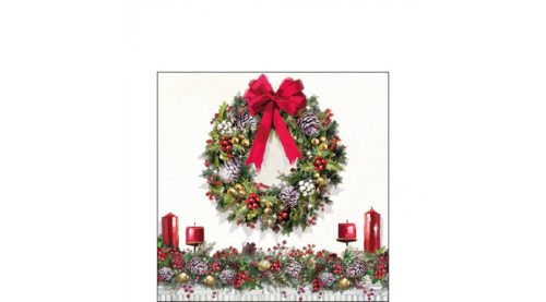 Karácsonyi dekorszalvéta 25x25cm, 20db-os - Bow On Wreath-Szalvéták és papír terítékkiegészítők