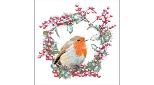 Karácsonyi papírszalvéta 33x33cm, 20db-os-Robin In Wreath