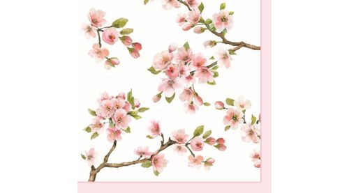Papírszalvéta 33x33cm, 20db-os fehér, cseresznyevirág ág rózsaszín- Sakura,