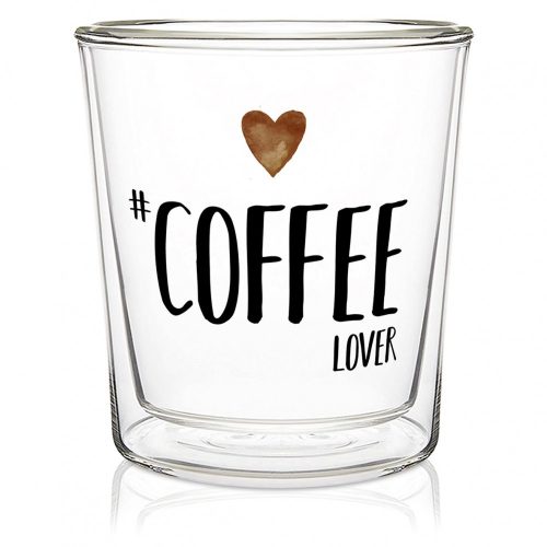 PPD Duplafalú hőtartó kávés üvegpohár,  300ml, 9,5x9cm, színes, coffee love felirattal