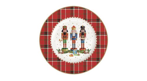 Porcelán desszerttányér 19cm, karácsonyra, piros kockás, diótörő mintás, Vintage Nutcracker - Kerámia és porcelánáruk
