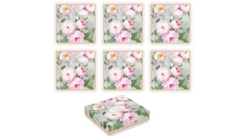 Parafa poháralátét 6db-os 10,5x10,5cm, zöld, rózsaszín rozsával-Roses in Bloom