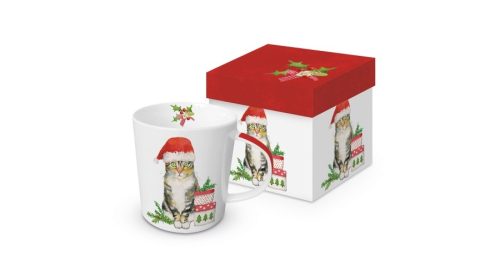 Karácsonyi porcelánbögre 0,35l, díszdobozban, macska mikulássapkában-Christmas Kitty