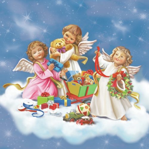 Dekor szalvéta, Karácsonyi 33x33cm, 20 db-os,angyalok játékokkal háromrétegű, decoupagra alkalmas
