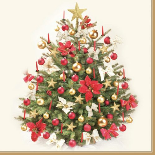 Dekor szalvéta, 33x33cm, 20 db-os, krém, tradicionális karácsonyfa, arany szegéllyel, háromrétegű